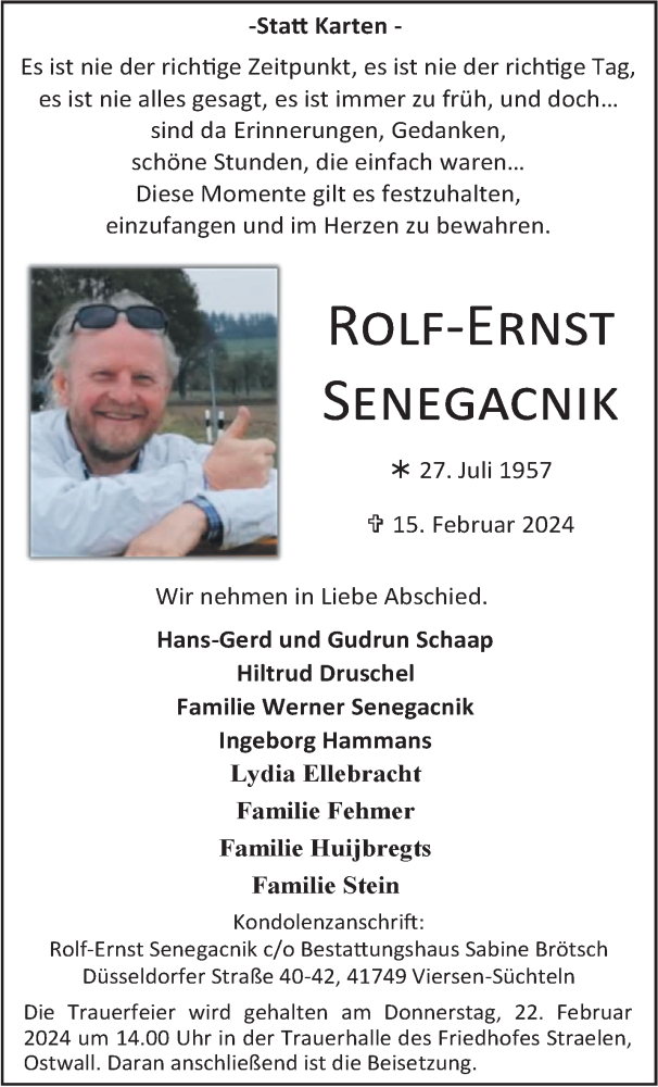  Traueranzeige für Rolf-Ernst Senegacnik vom 21.02.2024 aus NNA