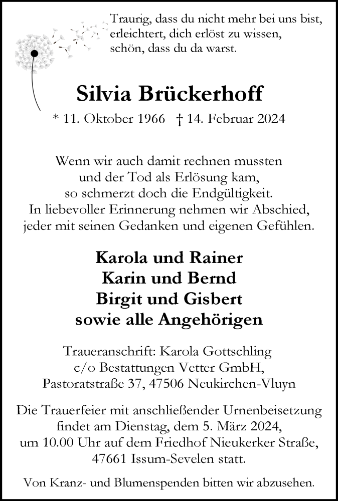  Traueranzeige für Silvia Brückerhoff vom 28.02.2024 aus NNA