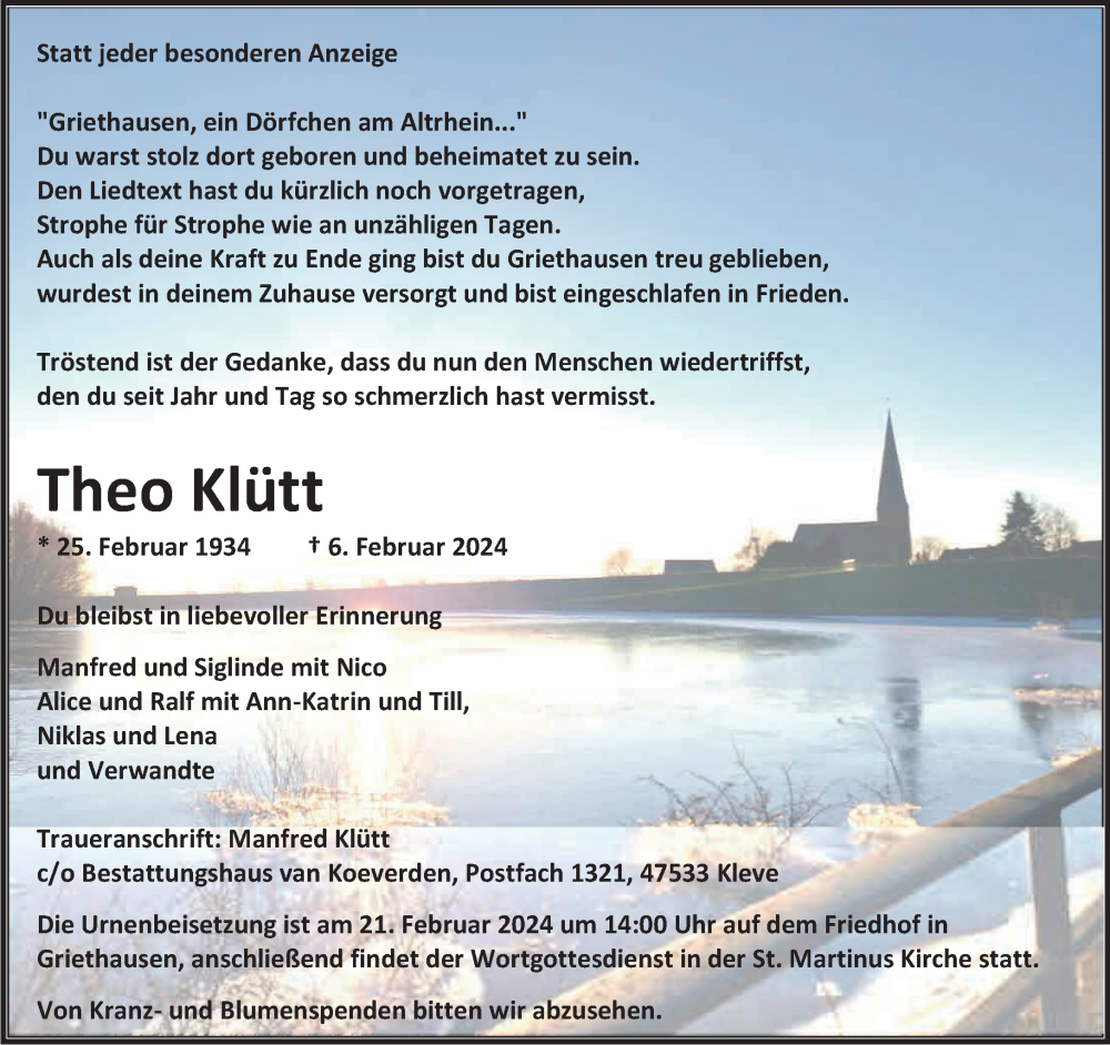  Traueranzeige für Theo Klütt vom 10.02.2024 aus NNA