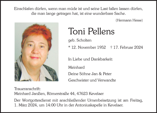 Traueranzeige von Toni Pellens von NNA