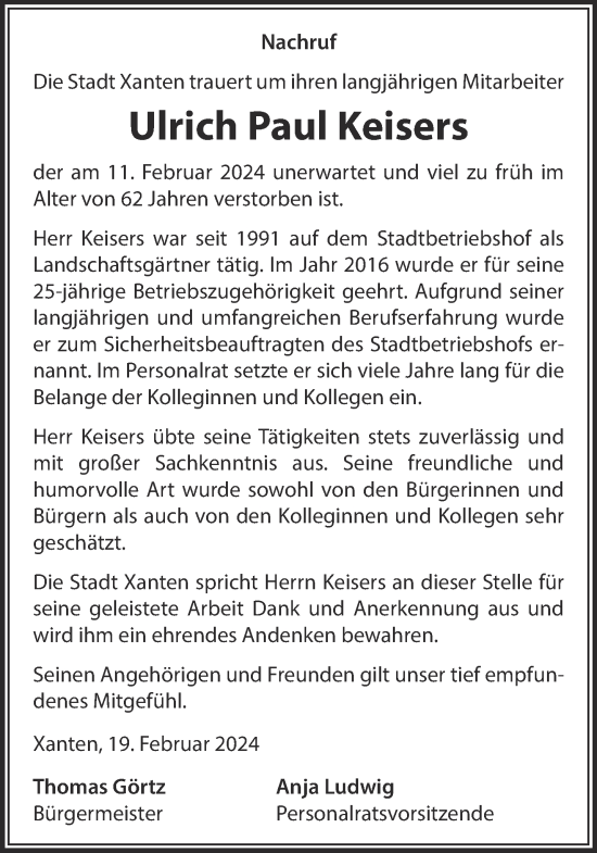 Traueranzeige von Ulrich Paul Keisers von NNA