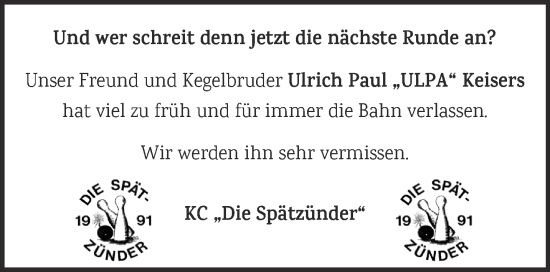 Traueranzeige von Ulrich Paul Keisers von NNA