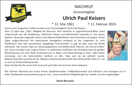 Traueranzeige von Ulrich Paul Keisers von NNA