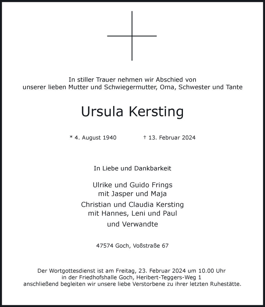  Traueranzeige für Ursula Kersting vom 21.02.2024 aus NNA