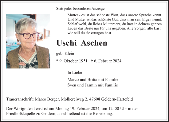Traueranzeige von Uschi Aschen von NNA