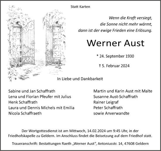 Traueranzeige von Werner Aust von NNA