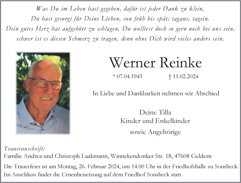  Traueranzeige für Werner Reinke vom 17.02.2024 aus NNA
