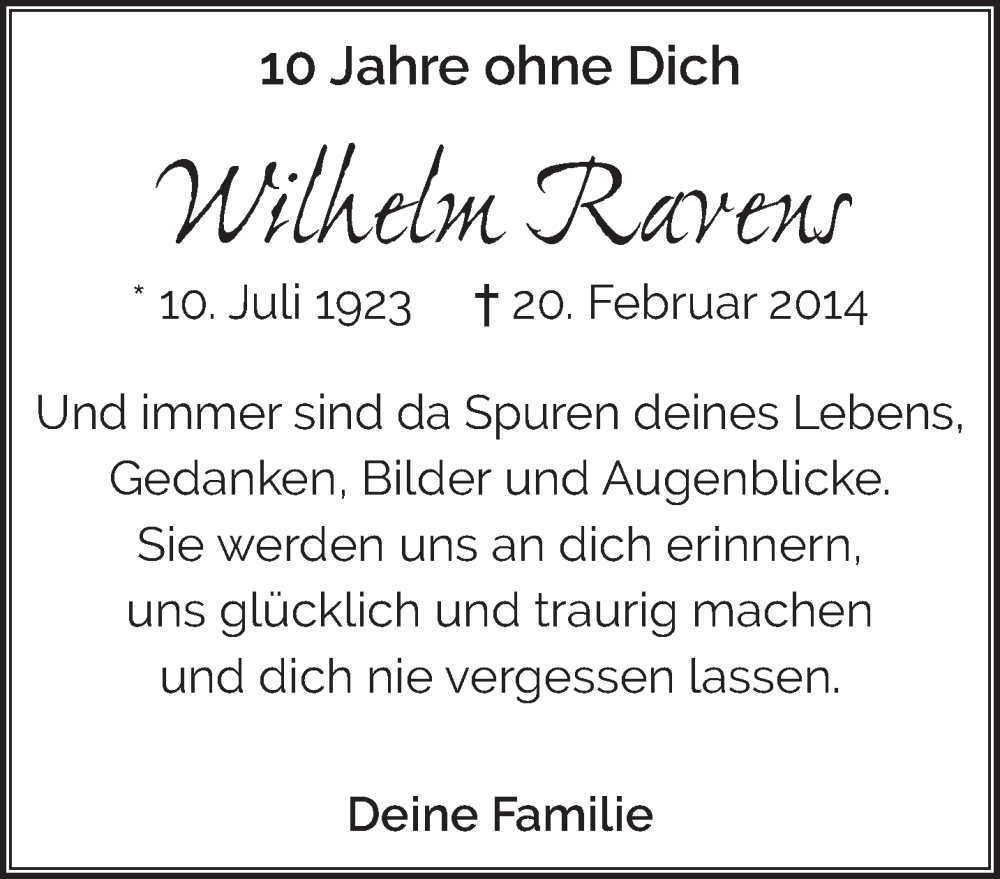  Traueranzeige für Wilhelm Ravens vom 21.02.2024 aus NNA