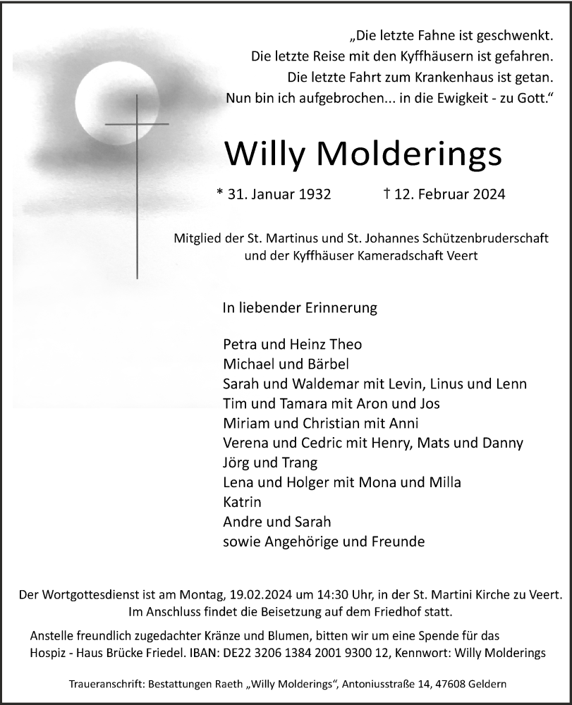  Traueranzeige für Willy Molderings vom 17.02.2024 aus NNA