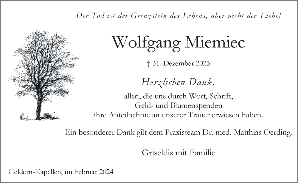  Traueranzeige für Wolfgang Miemiec vom 17.02.2024 aus NNA