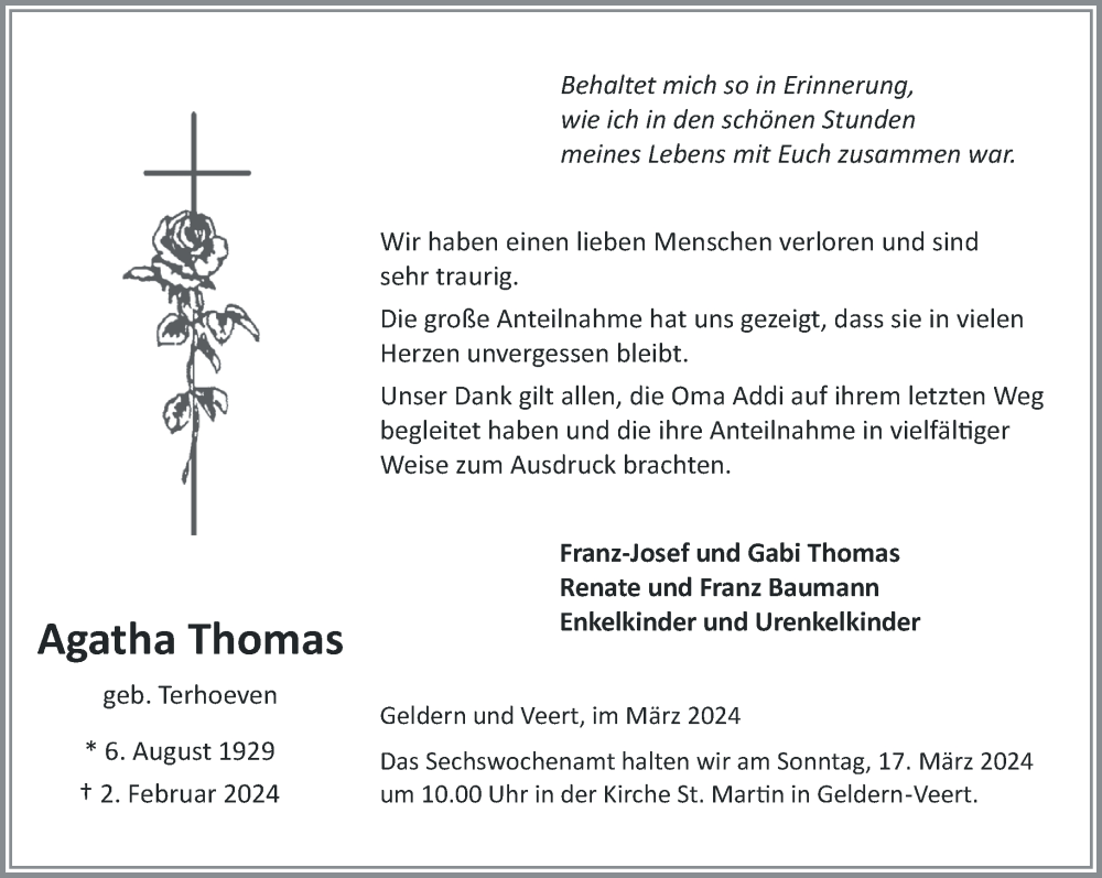  Traueranzeige für Agatha Thomas vom 09.03.2024 aus NNA