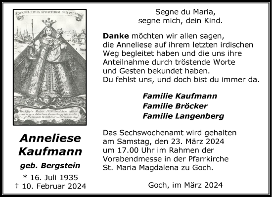 Traueranzeige von Anneliese Kaufmann von NNA