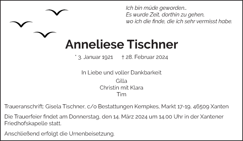  Traueranzeige für Anneliese Tischner vom 09.03.2024 aus NNA
