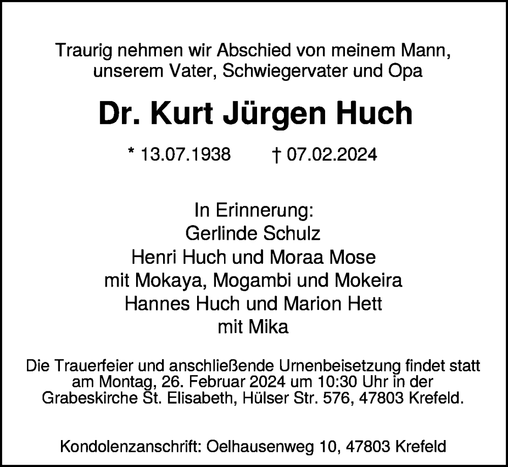  Traueranzeige für Kurt Jürgen Huch vom 14.02.2024 aus NNA