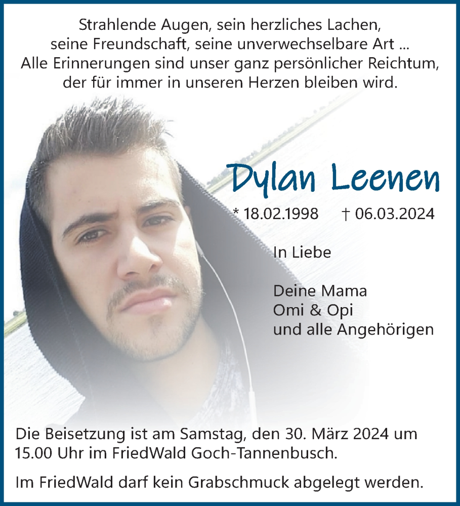  Traueranzeige für Dylan Leenen vom 23.03.2024 aus NNA