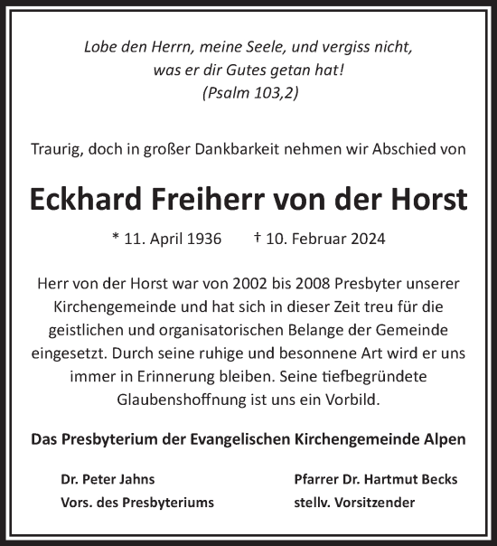 Traueranzeige von Eckhard Freiherr von der Horst von NNA