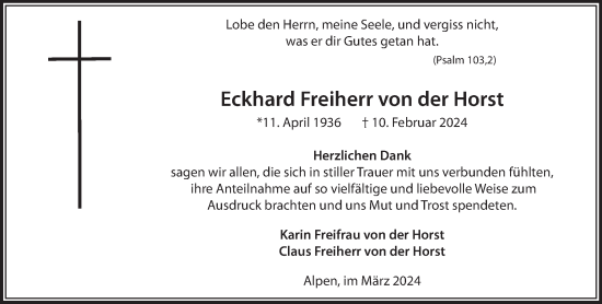 Traueranzeige von Eckhard Freiherr von der Horst von NNA