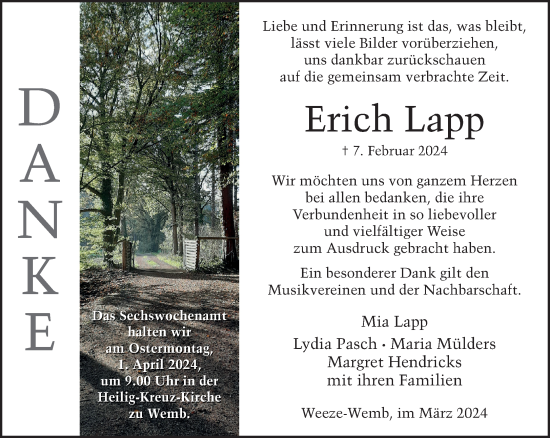 Traueranzeige von Erich Lapp von NNA