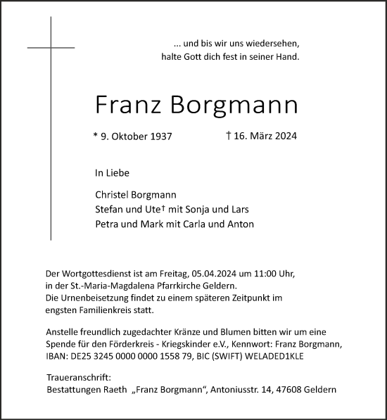 Traueranzeige von Franz Borgmann von NNA