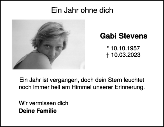 Traueranzeige von Gabi Stevens von NNA