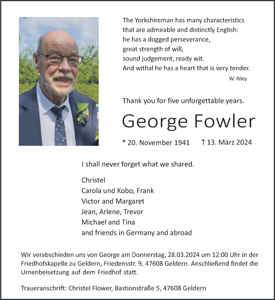  Traueranzeige für George Fowler vom 23.03.2024 aus NNA