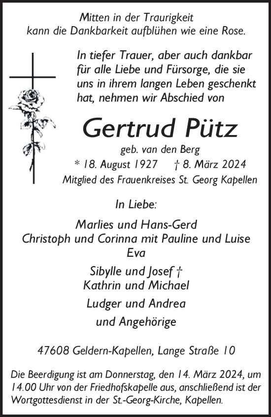 Traueranzeige von Gertrud Pütz von NNA