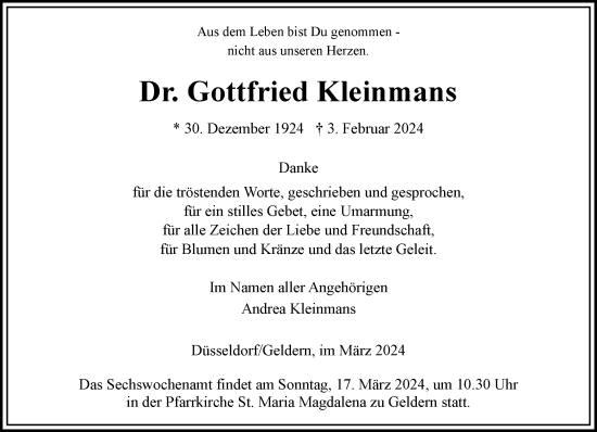 Traueranzeige von Gottfried Kleinmans von NNA