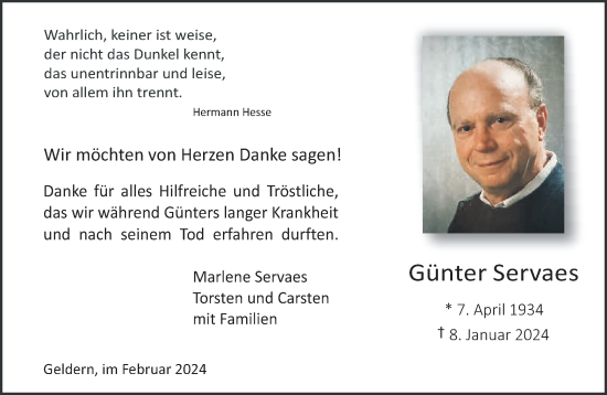 Traueranzeige von Günter Servaes von NNA