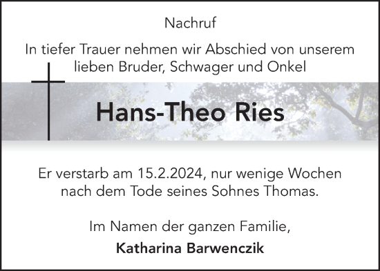 Traueranzeige von Hans-Theo Ries von NNA