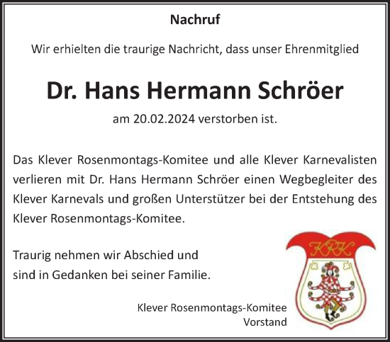 Traueranzeige von Hans Hermann Schröer von NNA