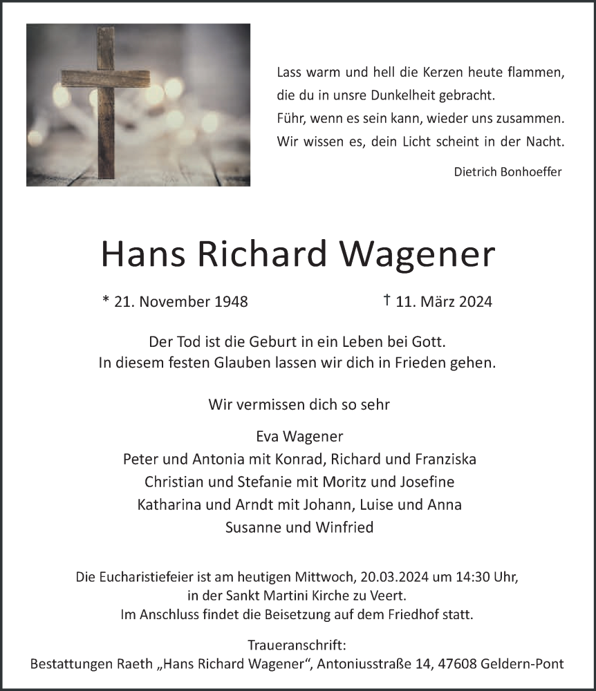 Traueranzeige für Hans Richard Wagener vom 20.03.2024 aus NNA