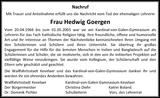 Traueranzeige von Hedwig Goergen von NNA