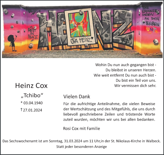 Traueranzeige von Heinz Cox von NNA