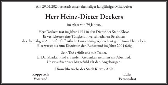 Traueranzeige von Heinz-Dieter Deckers von NNA