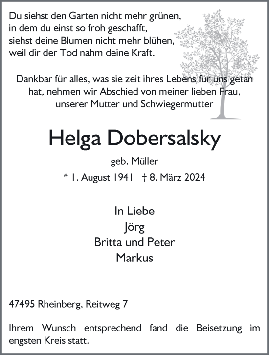 Traueranzeige von Helga Dobersalsky von NNA