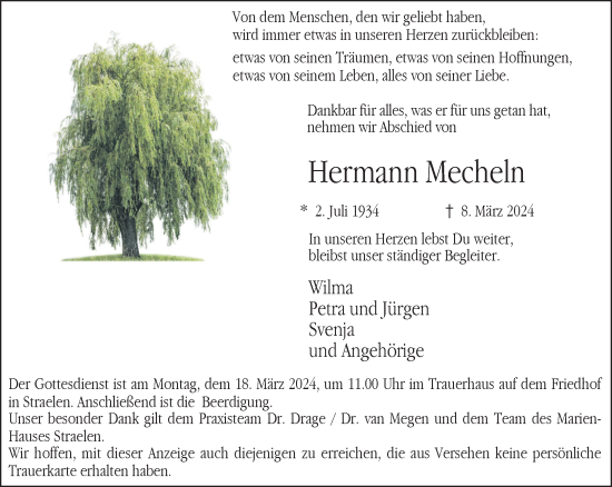 Traueranzeige von Hermann Mecheln von NNA