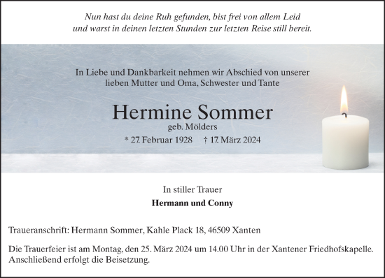 Traueranzeige von Hermine Sommer von NNA