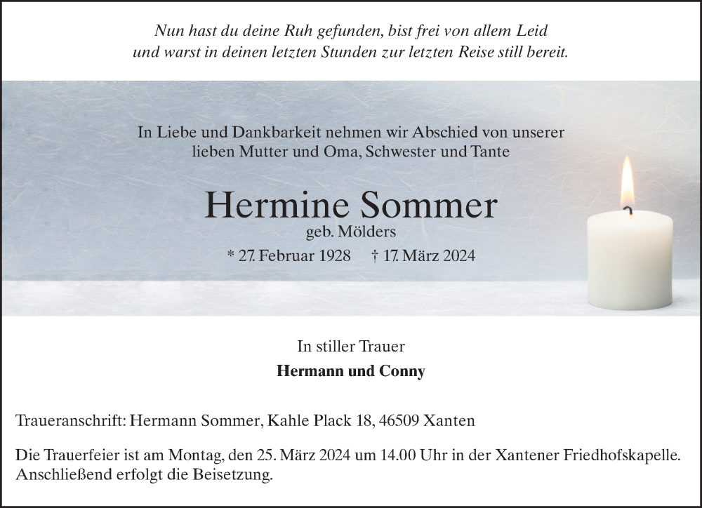  Traueranzeige für Hermine Sommer vom 23.03.2024 aus NNA
