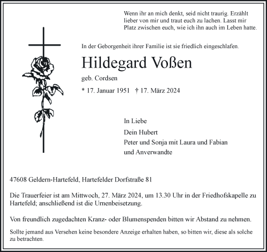 Traueranzeige von Hildegard Voßen von NNA