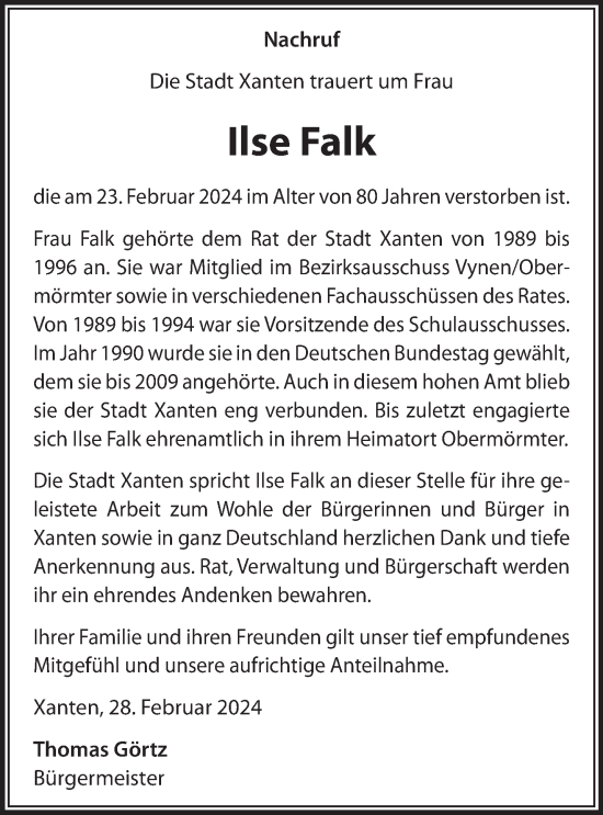 Traueranzeige von Ilse Falk von NNA