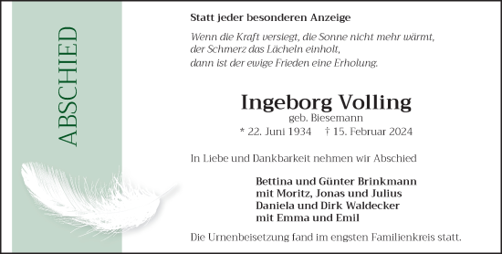 Traueranzeige von Ingeborg Volling von NNA