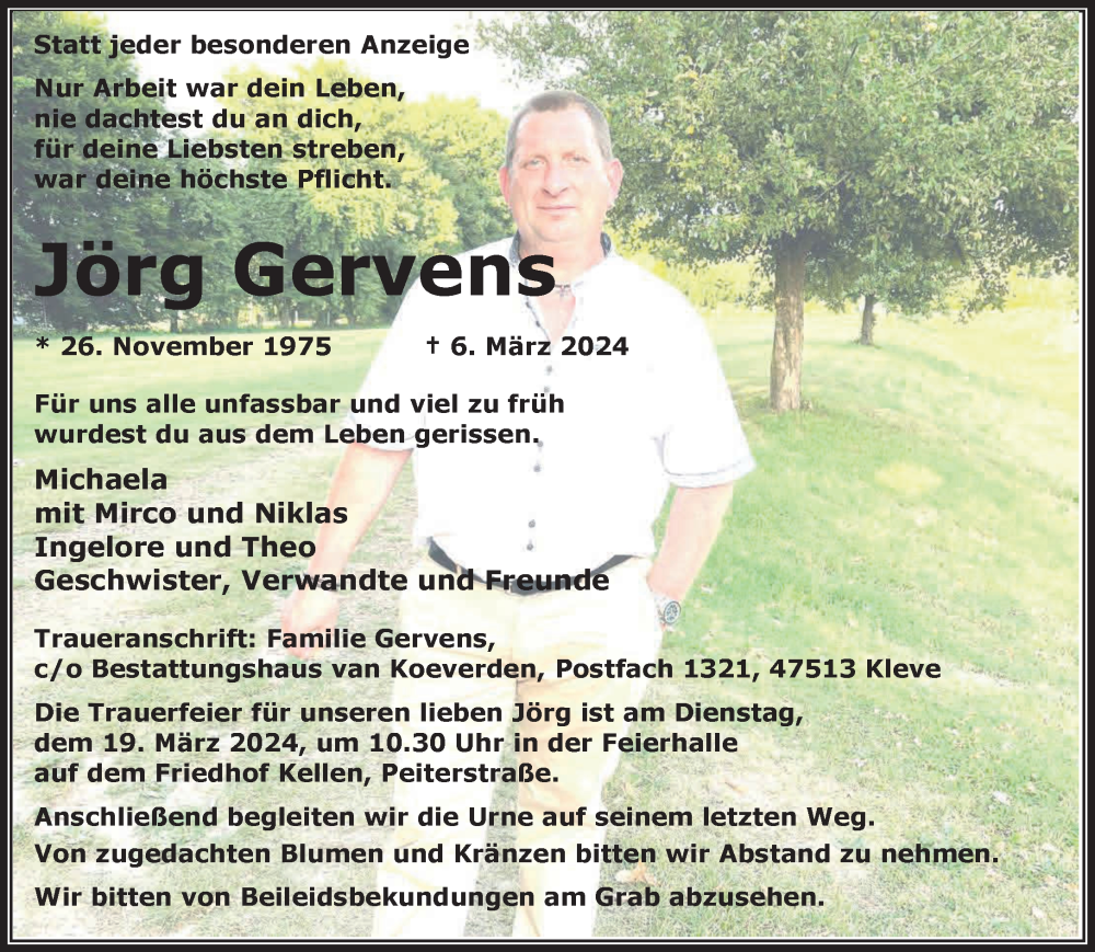  Traueranzeige für Jörg Gervens vom 13.03.2024 aus NNA