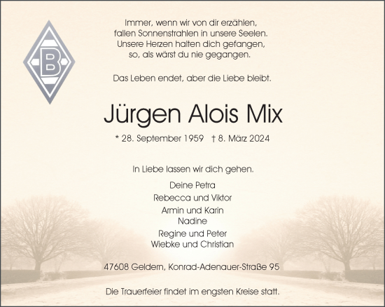 Traueranzeige von Jürgen Alois Mix von NNA