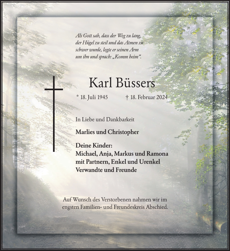  Traueranzeige für Karl Büssers vom 02.03.2024 aus NNA