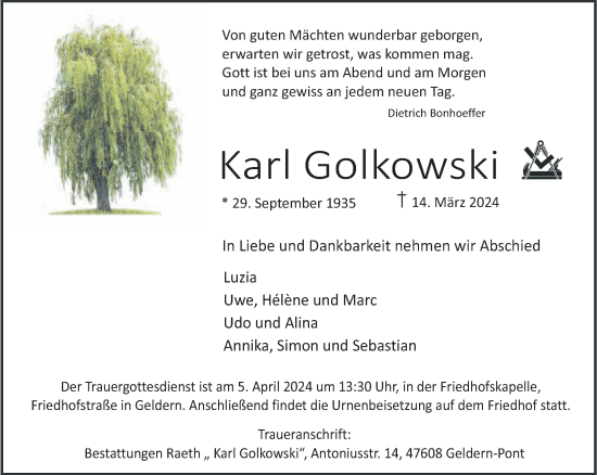 Traueranzeige von Karl Golkowski von NNA