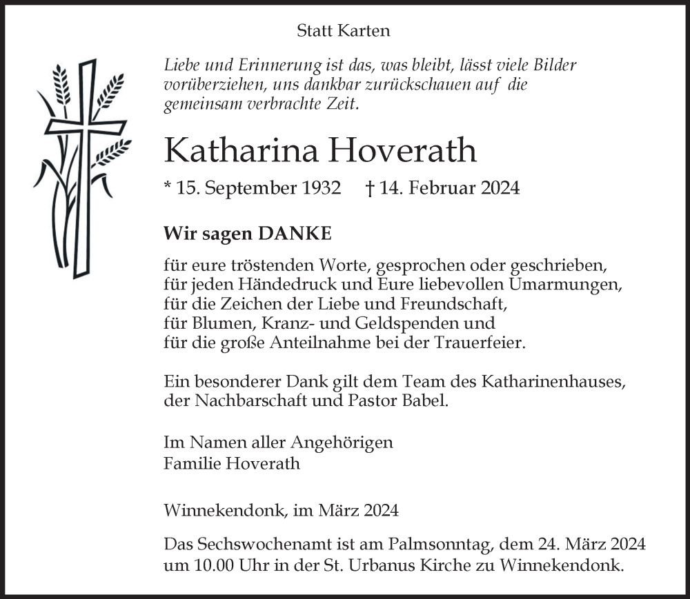  Traueranzeige für Katharina Hoverath vom 16.03.2024 aus NNA