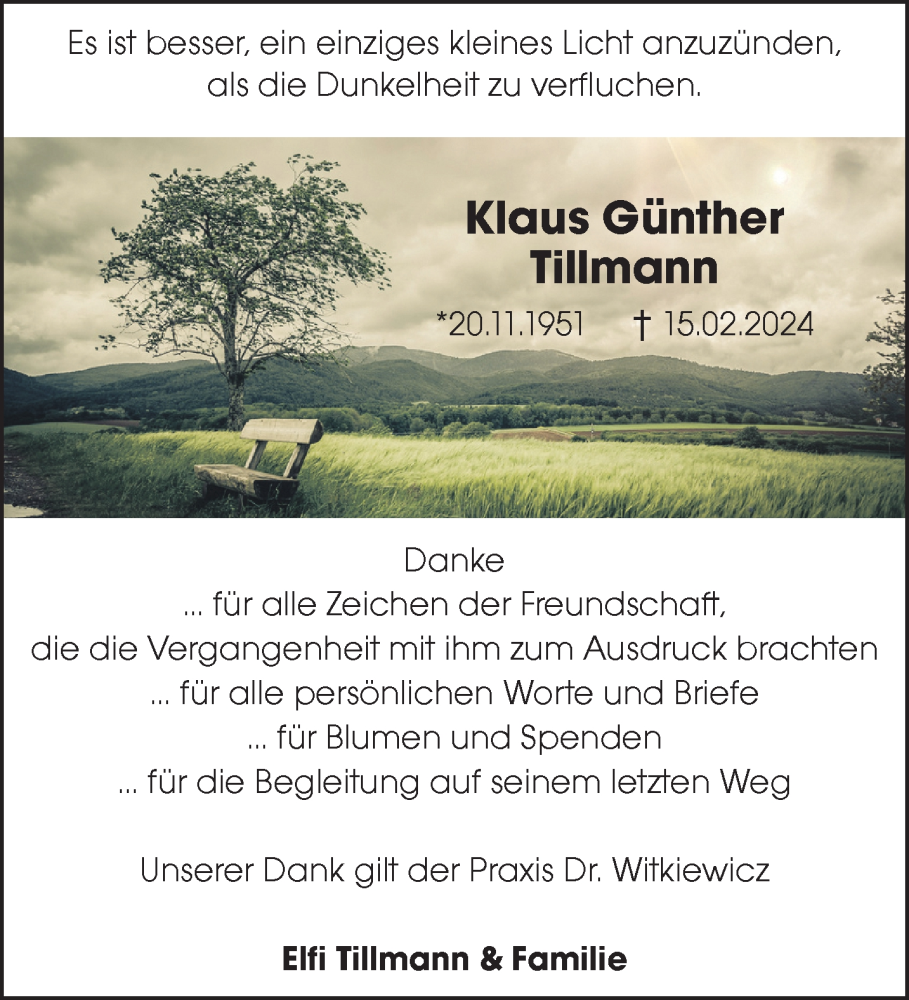 Traueranzeige für Klaus Günther Tillmann vom 20.03.2024 aus NNA