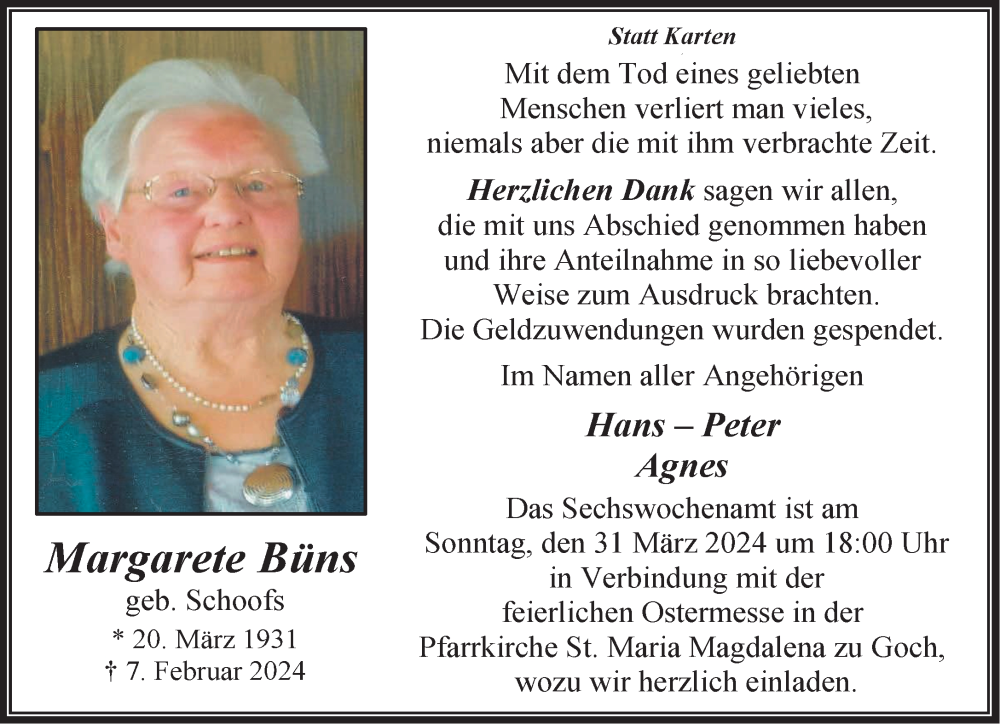  Traueranzeige für Margarete Büns vom 23.03.2024 aus NNA