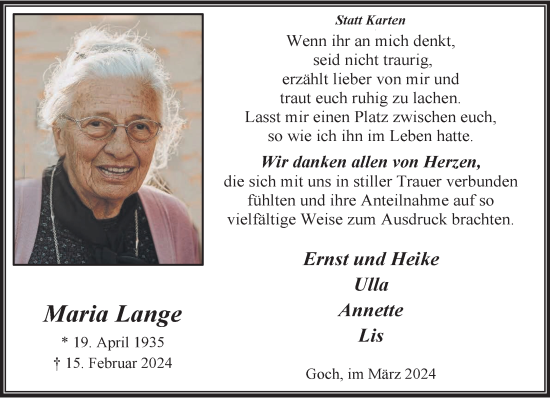 Traueranzeige von Maria Lange von NNA