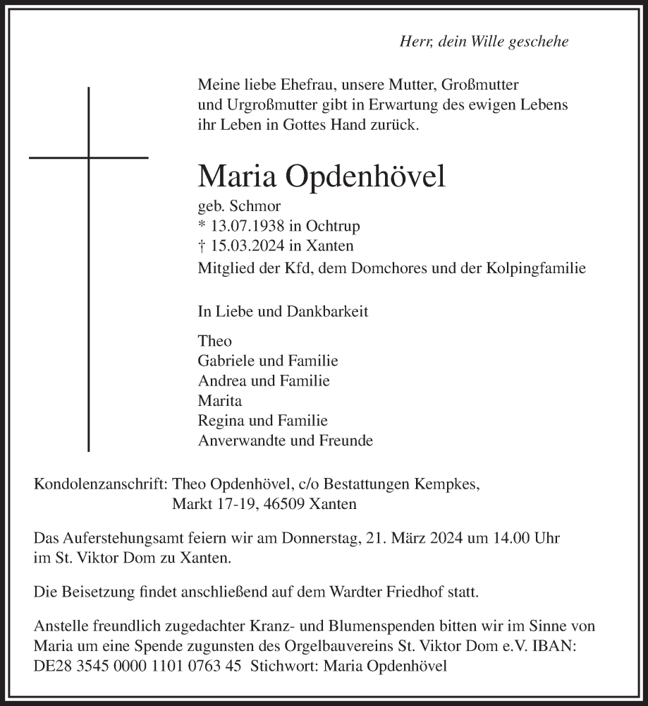  Traueranzeige für Maria Opdenhövel vom 20.03.2024 aus NNA